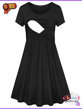 Nursing Maternity Dress Short Sleeve A-Line Breastfeeding Summer Midi